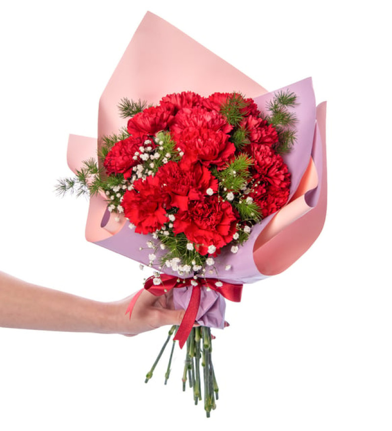 Lila Pembe Bukette Kırmızı Karanfiller